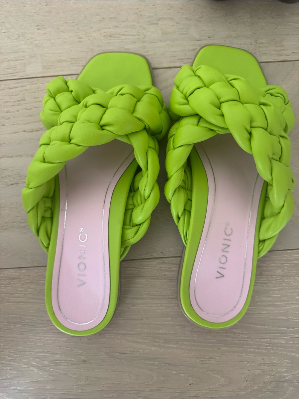 Vionic Braided Slide Mules in Neon Lime